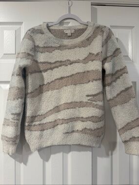 Barefoot Dreams Cream & Taupe Striped Fuzzy Crew Sweater